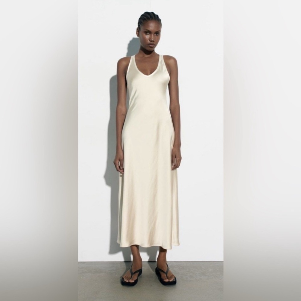 Zara Atlas Champagne Pearl Satin Halter Slip Dress Size M